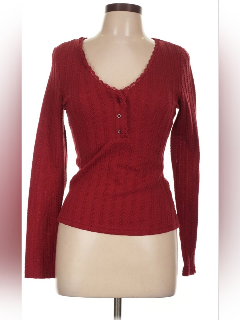Women's Red Ribbed Henley Long-Sleeve Top